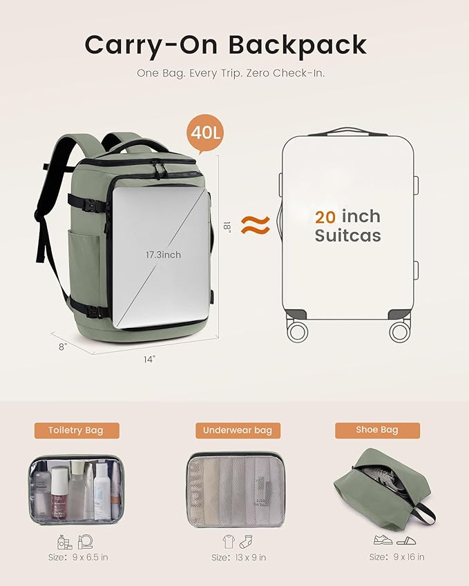 LOVEVOOK Travel Backpack for Women & Men, 40L TSA Approved Carry On Backpack with 3 Packing Cubes, Waterproof Weekender Overnight Bag for 2-4 Day Trips, Business & Travel Essentials, Slate Green-Black