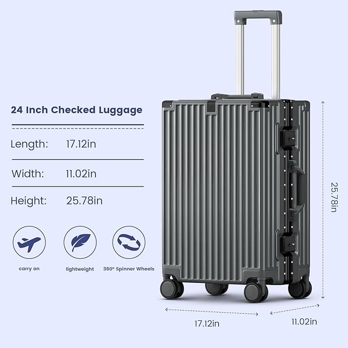 Carry On Luggage, 24 Inch Zipperless Luggage, Aluminum Frame Hardside Suitcase with TSA Lock, Spinner Wheels, Phone Holder, Charging Port, Cup Holder for Lightweight Travel, Grey