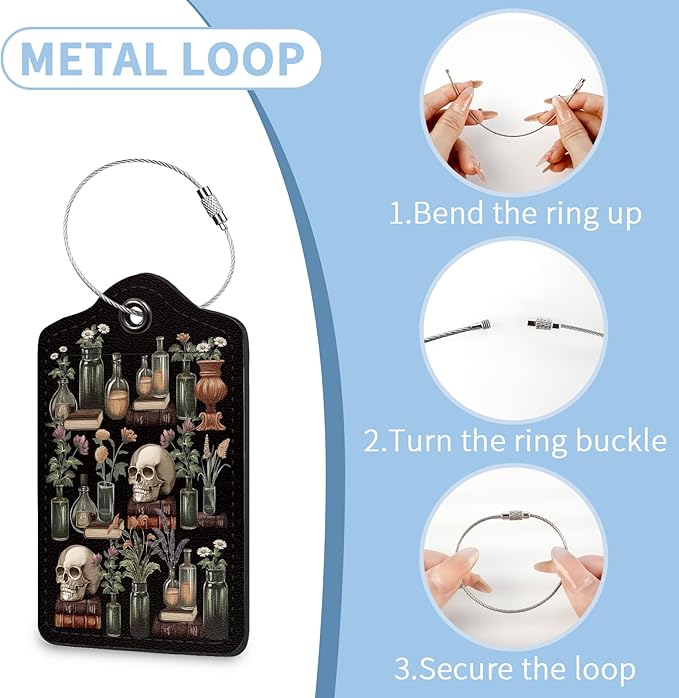 2 Pcs Luggage Tag for Suitcases, Skull Book Plants Funny PU Leather Suitcase Tag Privacy Cover ID Label with Metal Loop, Personalized Baggage Identifier for Women Bag Travel Essentials