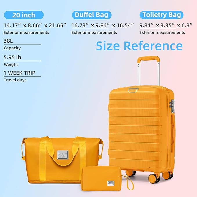 LARVENDER Luggage Sets 3 Piece, Hardside PP Carry On Suitcase with 360° Spinner Wheels TSA Lock Luggage Sets for Women, Yellow