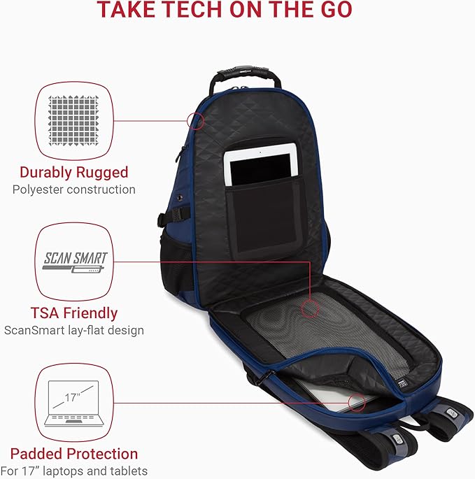 SWISSGEAR 1900 ScanSmart TSA Laptop Backpack Fits 17 Inch Laptop with RFID Protection and Tablet Pocket, Navy Ballistic, 19-Inch