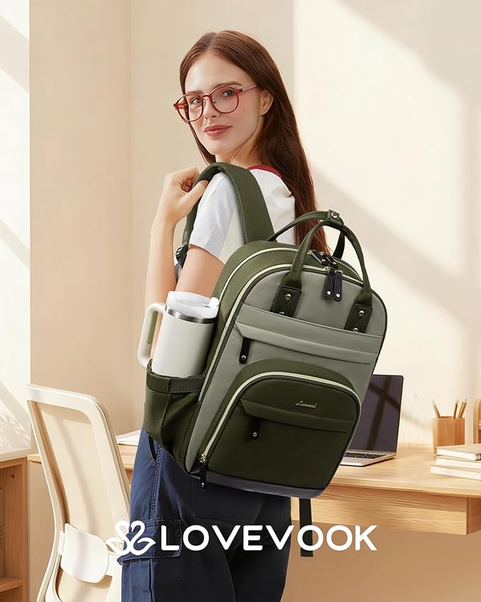 LOVEVOOK Laptop Backpack for Women with Giant Tumbler Holder Pocket,15.6 inch School College Book Bag Nurse Teacher Backpack,Work Travel Backpack Laptop Computer Bag,Olive green-Bean green-Kelp green