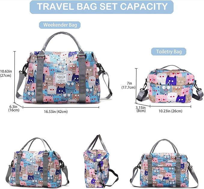 Travel Duffle Bag Weekender Overnight Bag Gym Tote with Wet Pocket for Women Girls Shoulder Workout Duffel Bag Water Resistant (W-Rainbow Unicorn+Toiletry Bag)