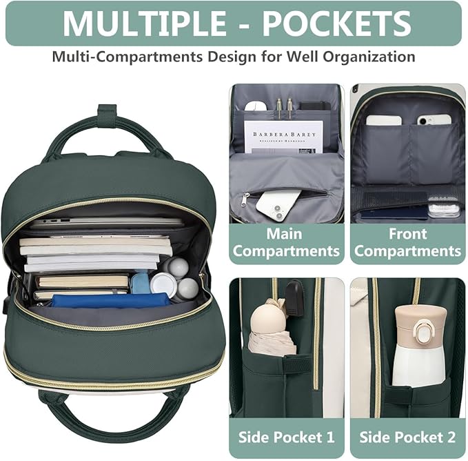 Laptop Backpack for Women Work Bag - 15.6 inch Travel Backpack with USB Charger Business Computer Backpacks for Work College Back pack for Teacher Casual Waterproof Bookbag for Nurses Beige Green