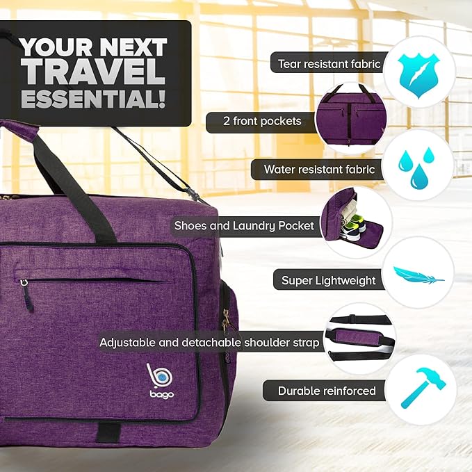 Bago Extra Large Duffle Bag for Travel Women & Men. Durable, Lightweight, Foldable Travel Duffel Bags For Traveling Women. 120L Duffle Bags Use As a Weekender Bag with Shoe Compartment, Checked Duffel