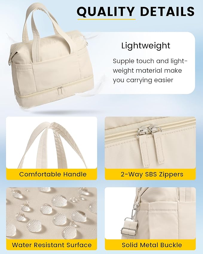 Vorspack Duffle Bag for Travel - 30L Gym Bag for Women Men Personal Item Travel Bag with Shoe Pocket Toiletry Bag Lightweight Carry On Bag for Weekender Overnight Sports - Beige