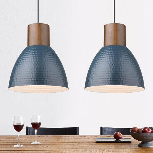 ELYONA 2 Pack Modern Hammered Pendant Lights 10.2” Blue Solid Wood Hanging Lamp, Adjustable Height, Industrial Metal Pendant Lighting for for Farmhouse, Kitchen Island, Dining Room,Bedroom,Bar,Office
