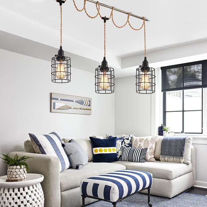 3-Light Hanging Light with Plug in Cord,Plug in Pendant Light 22ft Hemp Rope Pendant Lighting Vintage 3-Light Hanging Lamp Fixtures for Kitchen Island Living Room Bedroom