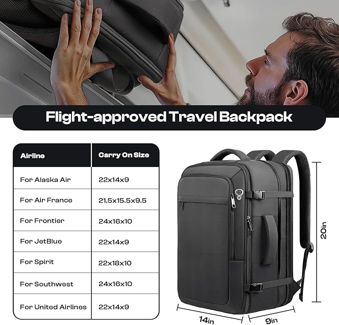 Carry on Backpack for 1-10 Days Trips, Extra Large 40L-50L Travel Backpack TSA Approved, Expandable Laptop Bagpack, Water Resistant Bag Compatible with 17.3 inch Laptops, Black