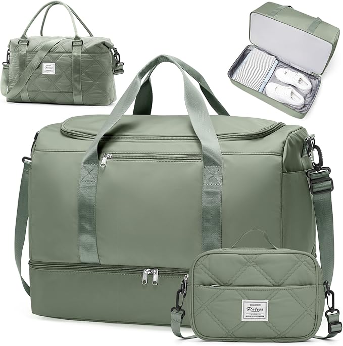 Extra Large Travel Duffle Bag,Carry on Overnight Bag with Shoes Compartment,Weekender Bags for Women for Travel Business Trips Sport Hospital,3 Pcs Set,Green