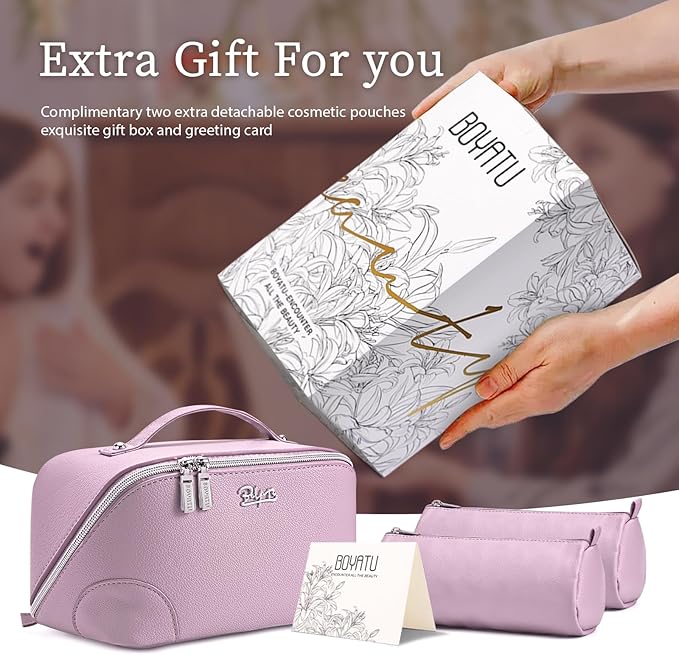 BOYATU Travel Makeup Bag Cosmetic Bags for Women: 3 Pcs Set Large Capacity Make up Bag with Handle - Waterproof Vegan Leather Toiletry Bags Travel Essentials with Compartments(C-4-Purple)