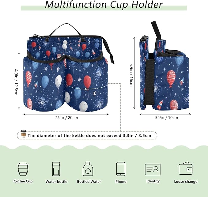 Luggage Cup Holder for Suitcases Free Hands Travel Cup Holder Portable Suitcase Cup Drink Holder Luggage Cup Caddy Bag Carrier Navy Blue Patriotic Balloons Fireworks