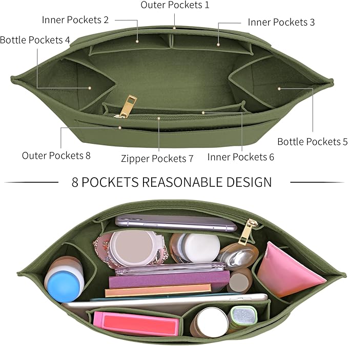 LOUKAYCCI Purse Organizer Insert for Longchamp Le Pliage L Handbag Insert Felt Long Champ Tote Bag Organizer Insert with Cup (Green, Large)