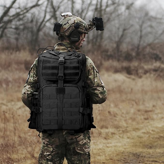 REEWBOW GEAR 40L Military Tactical Backpack For Men 3 Day Survival Heavy Duty Daypack MOLLE Bug Out Bag Hiking Rucksack (Black with Bottle Holder)