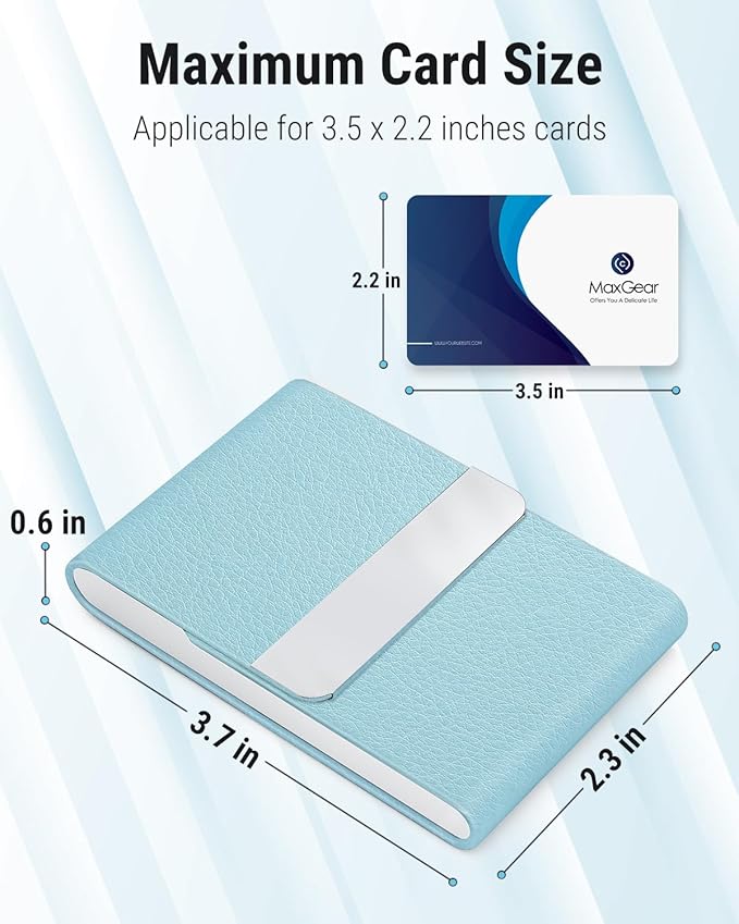 MaxGear Business Card Holder, Slim PU Leather & Stainless Steel Business Card Case for Men & Women, RFID Blocking Name Card Holder with Magnetic Closure, Light Blue