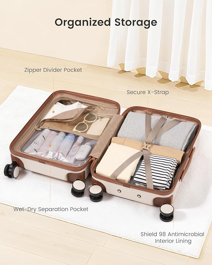 LOVEVOOK Carry On Luggage 22x14x9 Airline Approved with Detachable Pouch, 21 Inch Hardside Suitcases with Spinner Wheels, Lightweight Carry-on Luggage with TSA Lock for Women Men, 2PCS, Beige