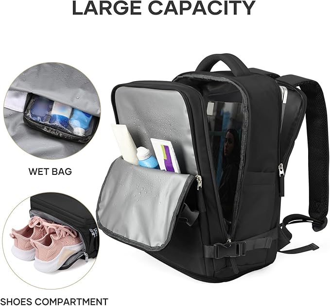 coowoz Large Travel Backpack For Women Men,Carry On Backpack Flight Approved,Hiking Backpack Waterproof Outdoor Sports Rucksack Casual Daypack Fit 15.6 Inch Laptop Shoes Compartment (Black)