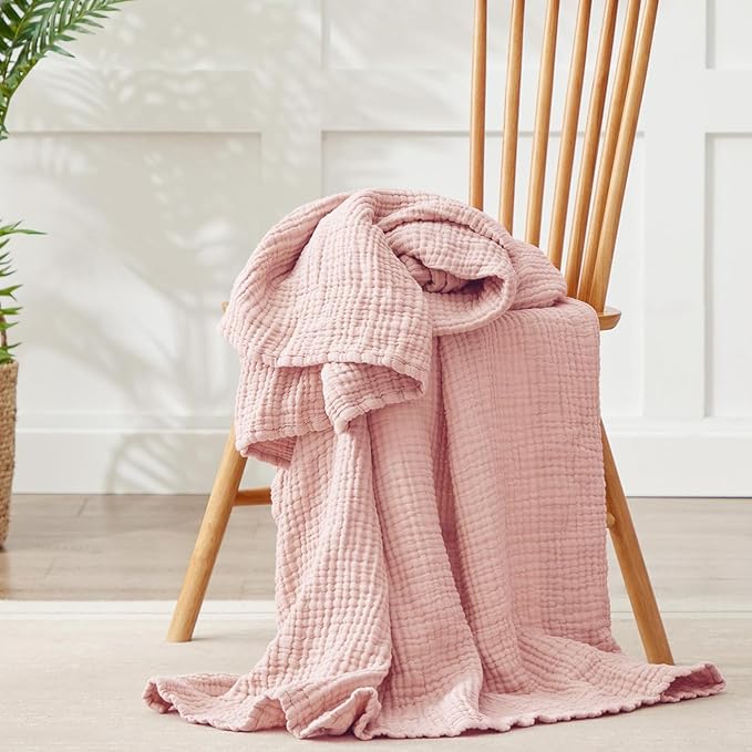 100% Cotton Muslin Blanket Queen 90" x 90", 6 Layers Breathable and Lightweight Cotton Throw Blankets for Bed, Soft Cooling Summer Gauze Blanket for Adults All Season, Dusty Rose‌