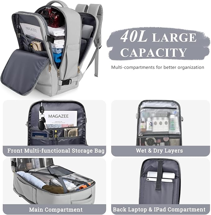 Travel Backpack, 40L 17 inch Laptop Travel Backpack Carry on Flight Approved, Personal Item Travel Bag, Waterproof Backpack for College, Business, Weekend, Work, Gray
