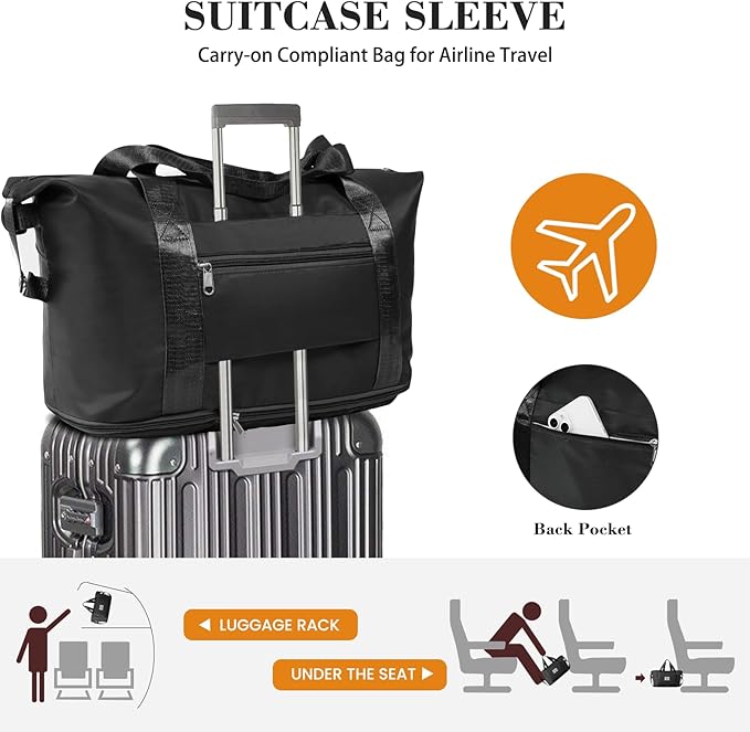 Travel Duffel Bag - Large Shoulder Weekender Overnight Bag, Carry on Bags with Wet Pocket, Waterproof Expandable Duffel Bags with Trolley Sleeve for Sports Travel Gym, Black