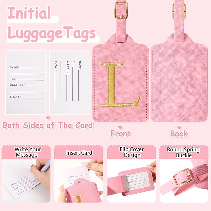 Personalized Initial Luggage Tags for Suitcases, Cute PU Leather Embroidered Letter Travel Luggage Tags, Suitcase Identifier Name Baggage Tag, Bag Tags for Men Women Kids Luggage Handbags(Pink L)
