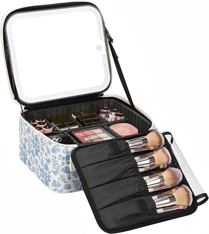 Relavel Travel Makeup Bag with LED Mirror, Portable Cosmetic Train Case with 3 Color Lighted Brightness Mirror, Makeup Artist Organizer Storage with Adjustable Dividers Make Up Box - Blue Flower