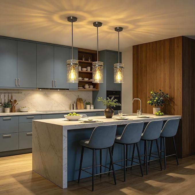 Modern Brush Nickel Hammered Glass Pendant Lights for Kitchen Dining Room | D5.5" Brushed Nickel Pendant Lights Kitchen Island with Hammered Hand-Blown Glass for Foyer over Sink 1 Pack, E26 Base