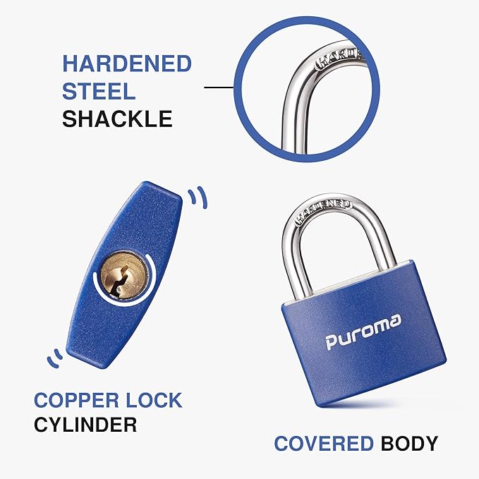 Puroma Lock Keyed Padlock, 2 Pack Aluminum Locks with 3 Keys Alike, 7/8 Inch Locker Lock 43mm Small Padlocks for Gate, Fence, Shed, Toolbox, School Gym Locker (Blue)