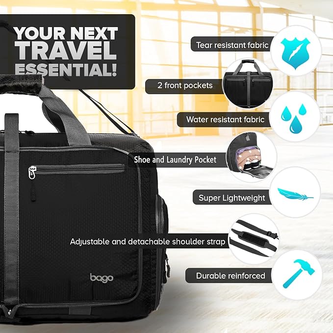 Bago Compact Duffle Bag for Travel Women & Men. Durable Lightweight Foldable Travel Duffel Bags For Traveling Women. 40L Duffle Bags a Reliable Weekender duffel or Overnight Bag With Shoe Compartment