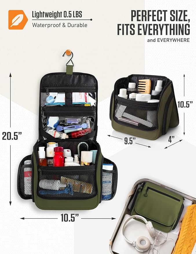 VENTURE 4TH Hanging Travel Toiletry Bag for Women & Men – Large Toiletry Organizer with 18 Compartments, Removable TSA Pouch, Travel Wash Bag for Toiletries, Makeup & Shaving Kit (Dark Green)