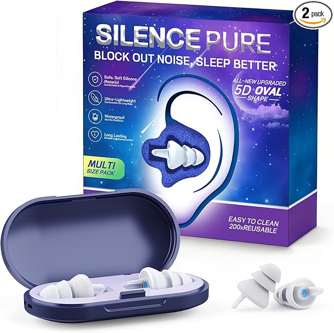 Ear Plugs for Sleeping - Soft Reusable Silicone Ear Plugs for Noise Reduction Earbuds & Focus (35dB), 3D Oval Noise Cancelling Design, Ideal for Side Sleepers - 2 Pairs (S + M/L)