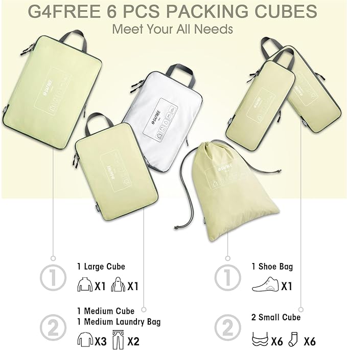 G4Free 6 Set Compression Packing Cubes, 3 sizes Travel Packing Organizers for Suitcases, Expandable Luggage Suitcase Storage Bags Set, Lightweight Packing Cubes Travel Essentials
