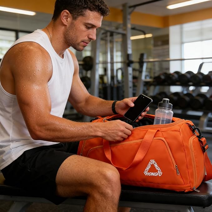 Eslcorri Gym Duffle Bag for Women Men, Sports Backpack with Wet & Shoe Compartment, Fitness Overnight Weekender Bag for Yoga, Swim, Travel (C, Orange)