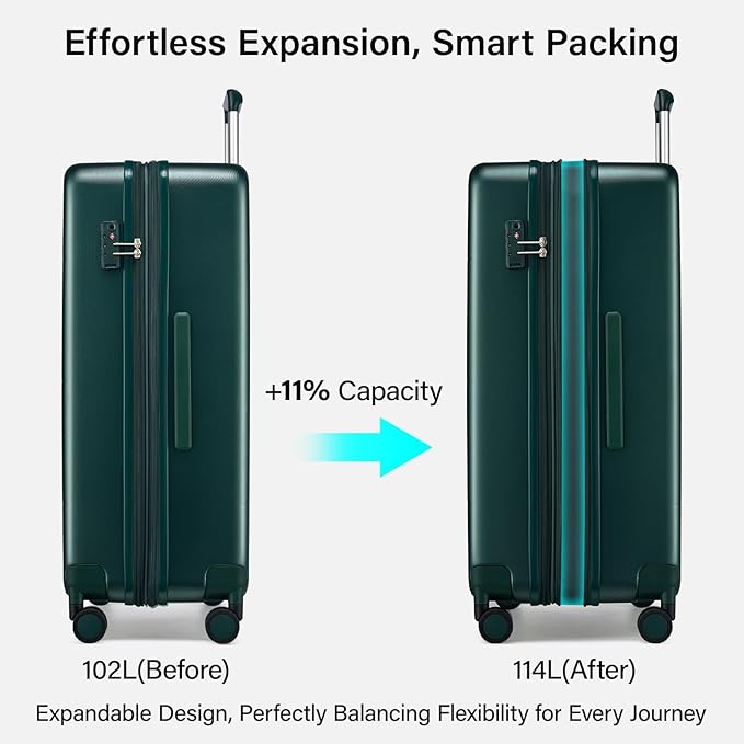 Hanke Expandable 28 Inch Luggage with Spinner Wheels, Hardside Large Suitcase, All-PC Hard Shell Checked Luggage, TSA Lock, Durable Checked-Large (Blackish Green, 114L)