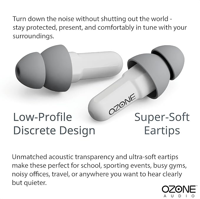 Lite Earplugs for Noise Sensitivity - Reusable Earplugs for Clear Sound - Stay Connected in Office, Gym, School, Sports, Social - Gray