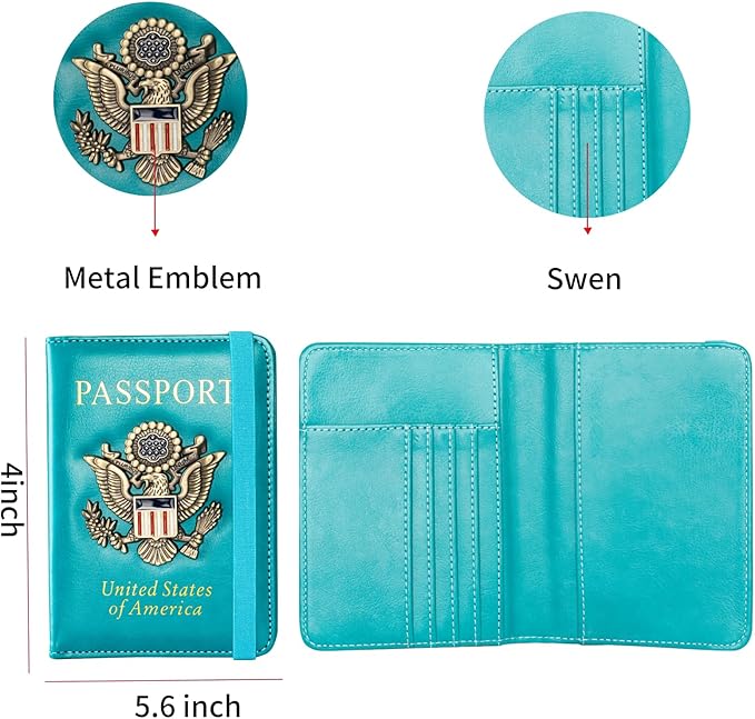 Passport Holder and Card Slot Combo RFID Blocking Leather Travel Passport Wallet for Men and Women US Passport Cover, Light Blue