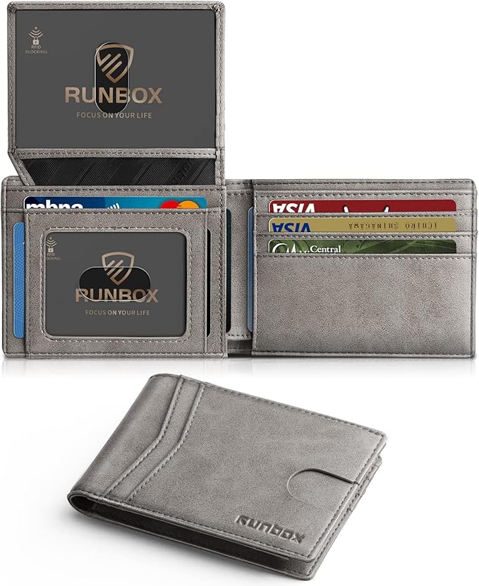 RUNBOX Wallet for Men Slim Rfid Leather 2 ID Window With Gift Box | Slim, Rfid, 2 ID Window, With Gift Box, Slim, Rfid