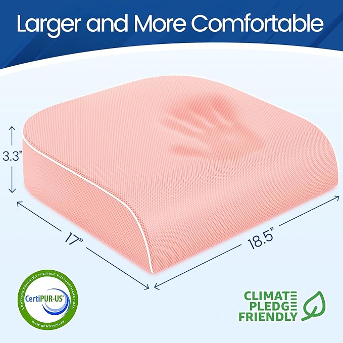 Seat Cushion for Tailbone Pain Relief, Office Chair Cushion, Memory Foam Large Chair Cushion with Non-Slip Cover for Soft Support at Office Chair, Car Seat, Airplane Pink/X-Large