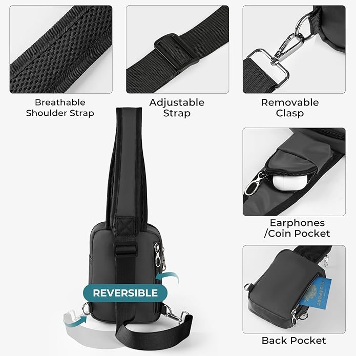 BROADREAM Mini Crossbody Sling Bag, Small Chest Bags Dual Pocket with Zipper Lock, RFID Blocking & Water Resistant Women Men