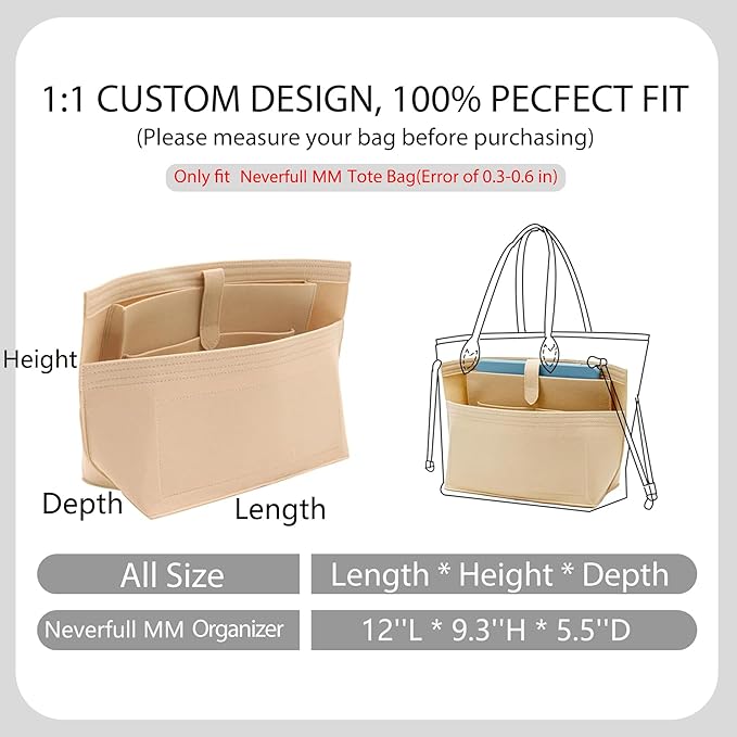 Purse Organizer Insert with Laptop Sleeve, Premium Felt Neverfull MM Organizer, Tote Bag Divider Liner with Zipper and Cup Holder Pockets,7 Compartments Handbag Shaper, Beige