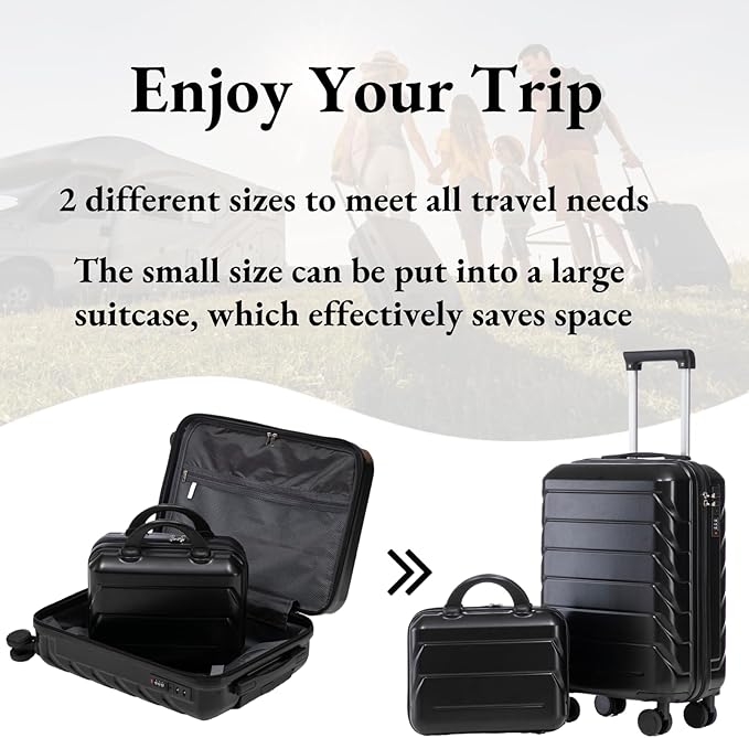2-Piece ABS Hard Shell Lightweight Carry-On Luggage Set (14" & 20"), 360-Degree Spinner Wheels, Adjustable Telescopic Handle and Combination Lock for Travel, Black