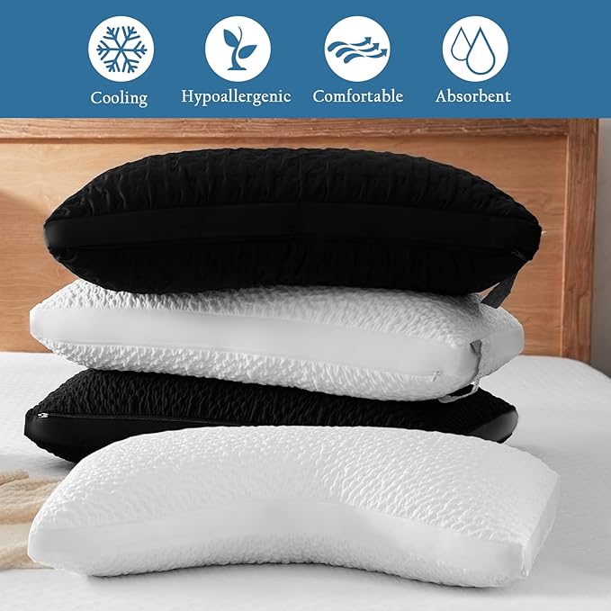 Side Sleeper Pillow for Adults, Adjustable Shredded Memory Foam Bed Pillows for Neck and Shoulder Pain, Curved Cooling Pillows for Hot Sleepers, Washable Cover & Extra Foam Bag, Black Standard Size