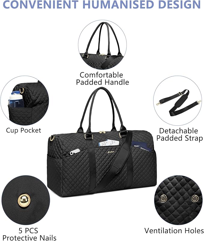 Women Weekender Travel Duffle Bag: Travel Duffel Overnight Bags with Shoe Compartment Large Carry on Tote with 2 Toiletry Bags Weekend Traveling Yoga Gym Hospital Bag for Womens with Wet Pocket Black