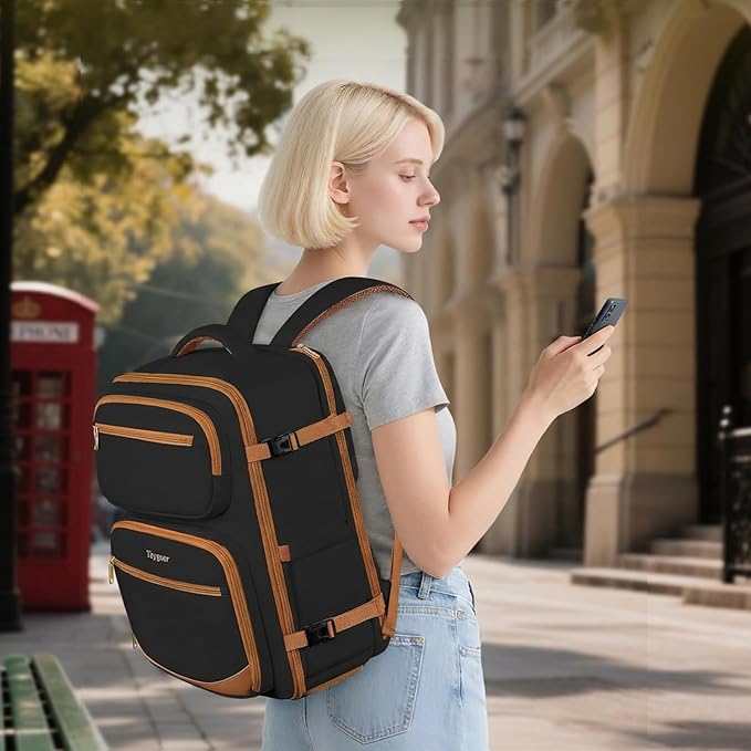 Taygeer Frontier Airlines Personal Item Bag 18x14x8, Underseat Carry on Backpack with Makeup Compartment, 40L Travel Backpack for Women & Men Fits Spirit Frontier Allegiant, Black Brown