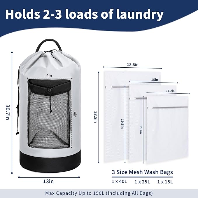 150L Laundry Bag Backpack with 3 Sizes Mesh Wash Bags and Shoulder Straps Foldable Clothes Hamper Bag with Drawstring Closure for College, Apartment, Laundromat (White)