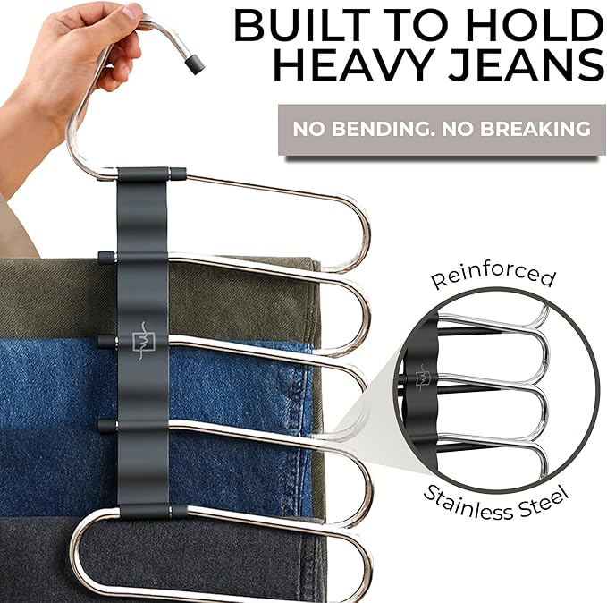 MORALVE Pants Hangers Space Saving - 4 Pack - Non-Slip Multi-Layer Space Saving Hangers - Multifunctional Clothing Rack for Closet Storage - Ideal for Jeans, Trousers, Skirts, Scarves & Slacks (Black)