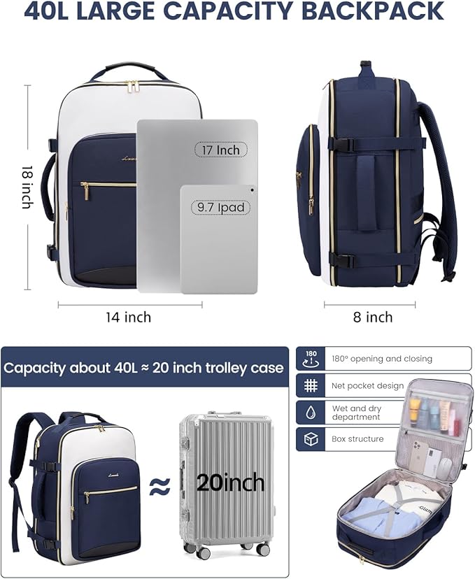 LOVEVOOK Large Travel Backpack for Women & Men, 40L Carry on Backpack for Airplanes, TSA Personal Item Travel Bag fits 17" Laptop, Waterproof Weekender Essentials Airline Approved with 3 Packing Cubes