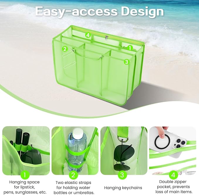 XYFuuee Beach Bag Organizer Inserts for Baby Medium Bogg Bag Accessories with 8 Removable Metal Fasteners, Lightweight Mesh Insert Divider Pouch, Organizing Rubber Tote, Save Storage Space, Green M