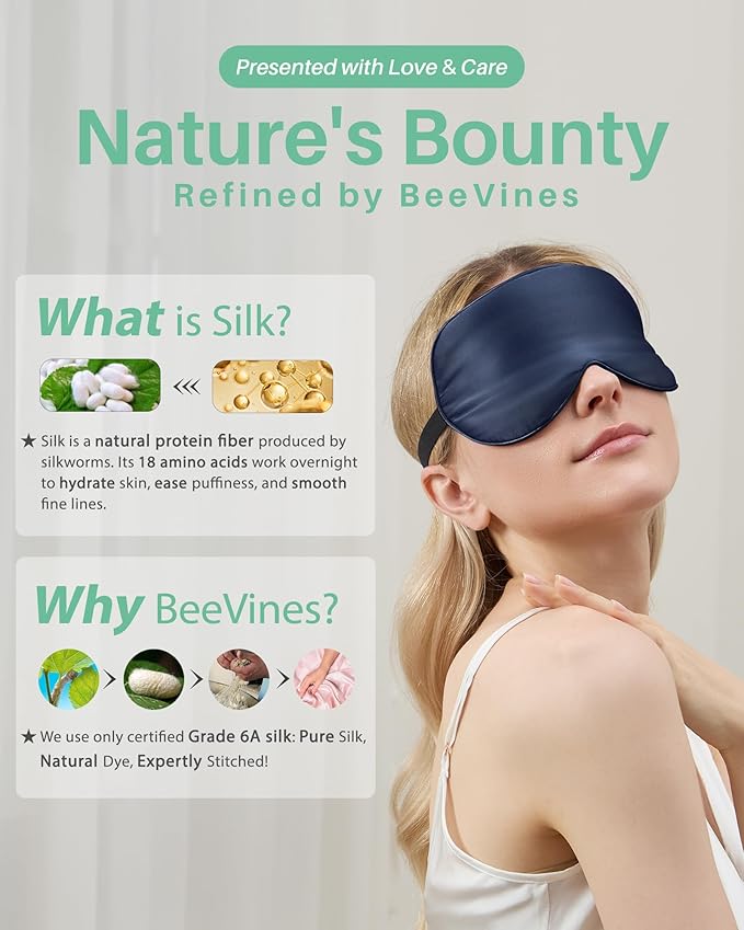 BeeVines 100% Real Mulberry Silk 2 Pack Sleep Mask, Pure Silk Eye Masks with Adjustable Strap for Sleeping, 100% Block Light Eye Sleep Shade Cover, Reduces Puffy Eyes Traveling Gifts(Black & Blue)