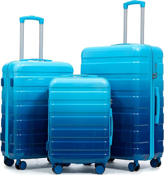 Merax Luggage Set 3 Piece, PC+ABS Hardshell Suitcases with Spinner Wheels and TSA Lock, Lightweight Durable, Gradient Blue, 20/24/28 Inch